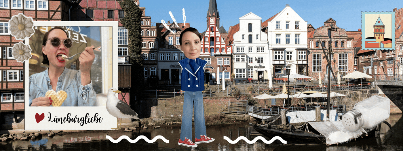 Reisebloggerin und Content Creatorin Ingrid am Stintmarkt in Lüneburg – mit Blick auf die historischen Giebelhäuser, Alter Kran und Ilmenau. Collage mit Waffel vom Café Zeitgeist und typischem Lüneburger Salz
