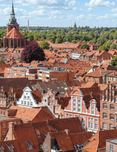 Blick über die roten Dächer der Lüneburger Altstadt mit Kirchturm, im Vordergrund Reisebloggerin Ingrid mit Sonnenbrille und herzförmiger Waffel