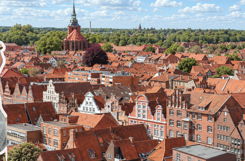 Blick über die roten Dächer der Lüneburger Altstadt mit Kirchturm, im Vordergrund Reisebloggerin Ingrid mit Sonnenbrille und herzförmiger Waffel