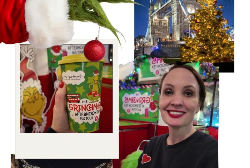 Collage zur Grinchmas Bus Tour in London: Grinch-Becher mit Afternoon Tea, Tower Bridge mit Weihnachtsbaum und eine lächelnde Frau im Bus