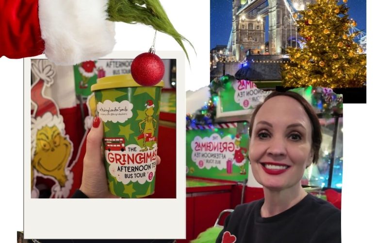 Collage zur Grinchmas Bus Tour in London: Grinch-Becher mit Afternoon Tea, Tower Bridge mit Weihnachtsbaum und eine lächelnde Frau im Bus
