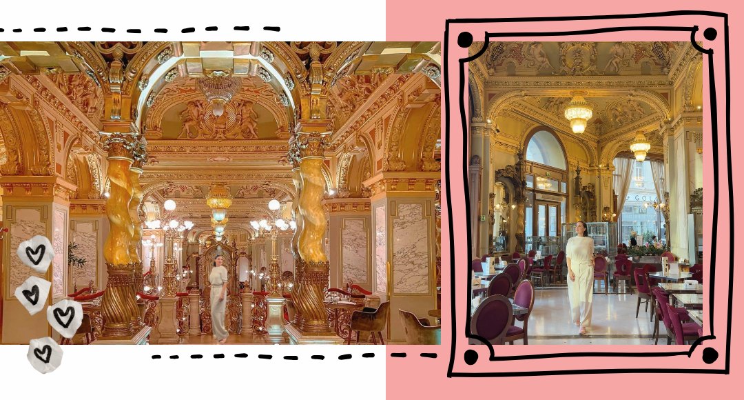 Collage: Frau in heller Kleidung im fast leeren Saal des New York Café Budapest zwischen goldenen Säulen und Kronleuchtern
