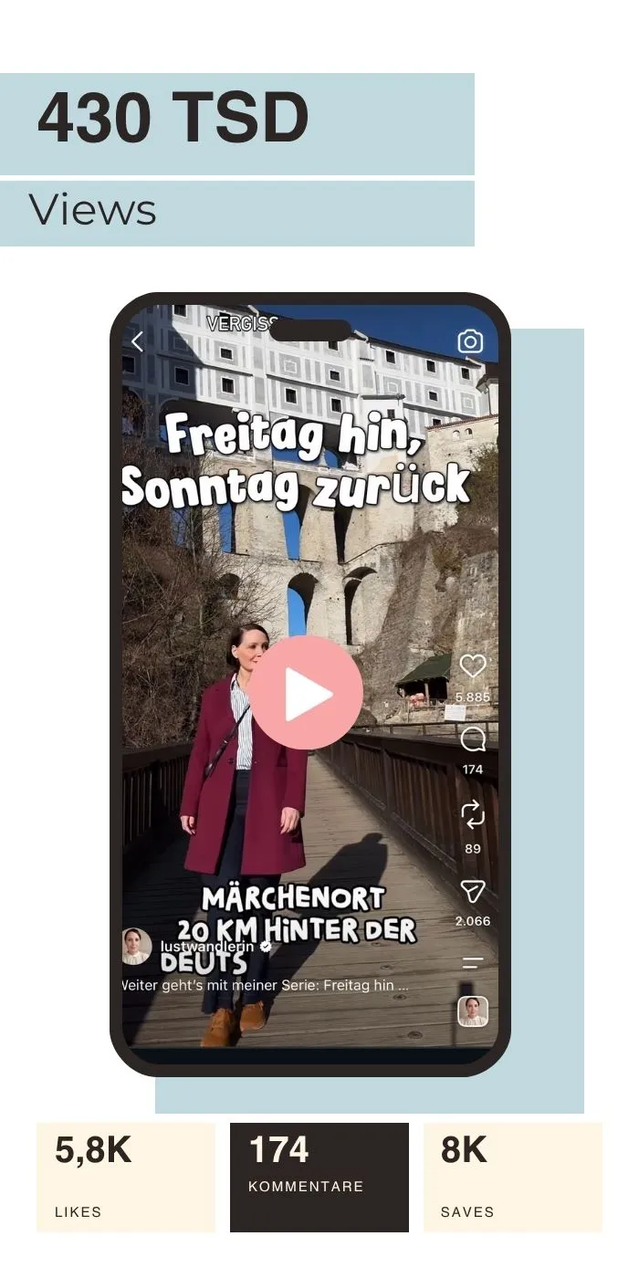 Instagram Reel von Reise Influencerin Ingrid über Český Krumlov in Tschechien: Sehenswürdigkeiten und Kosten für Tagesausflug oder Wochenende. 430.000 Aufrufe